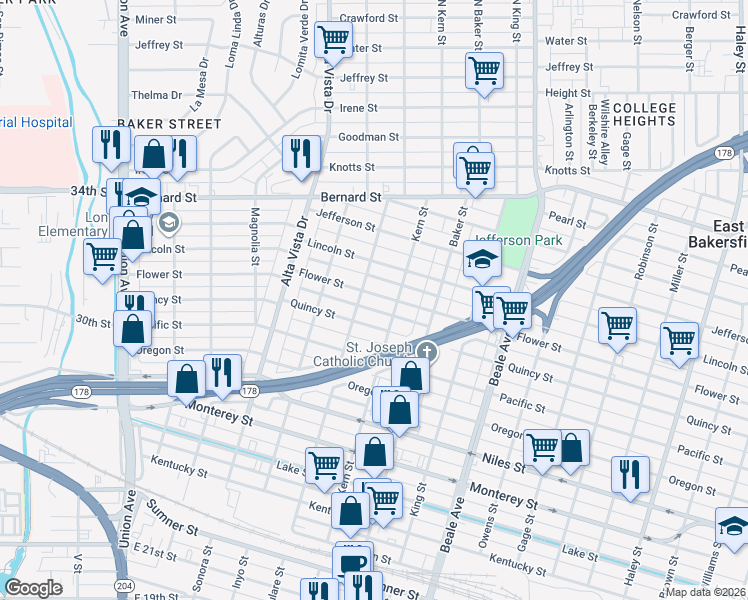 map of restaurants, bars, coffee shops, grocery stores, and more near 519 Flower Street in Bakersfield