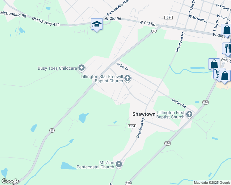 map of restaurants, bars, coffee shops, grocery stores, and more near Holy Mission Lane in Lillington