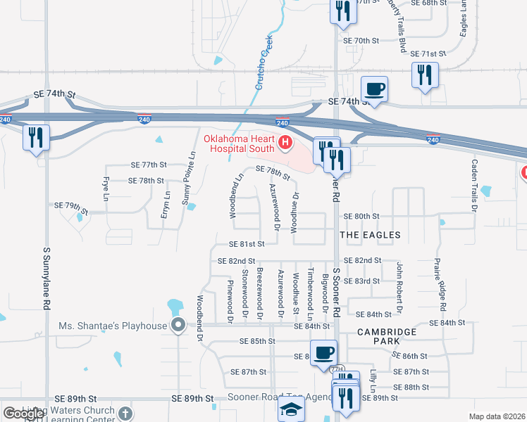 map of restaurants, bars, coffee shops, grocery stores, and more near 8020 Breezewood Drive in Oklahoma City