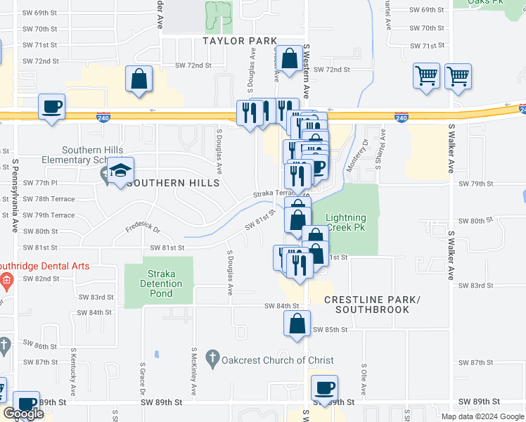 map of restaurants, bars, coffee shops, grocery stores, and more near 1013 Southwest 81st Street in Oklahoma City
