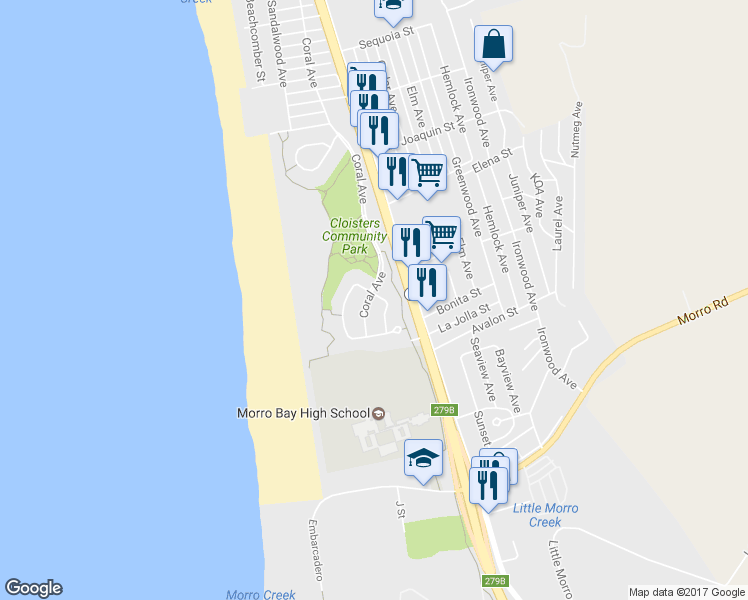 map of restaurants, bars, coffee shops, grocery stores, and more near 2228 Coral Avenue in Morro Bay