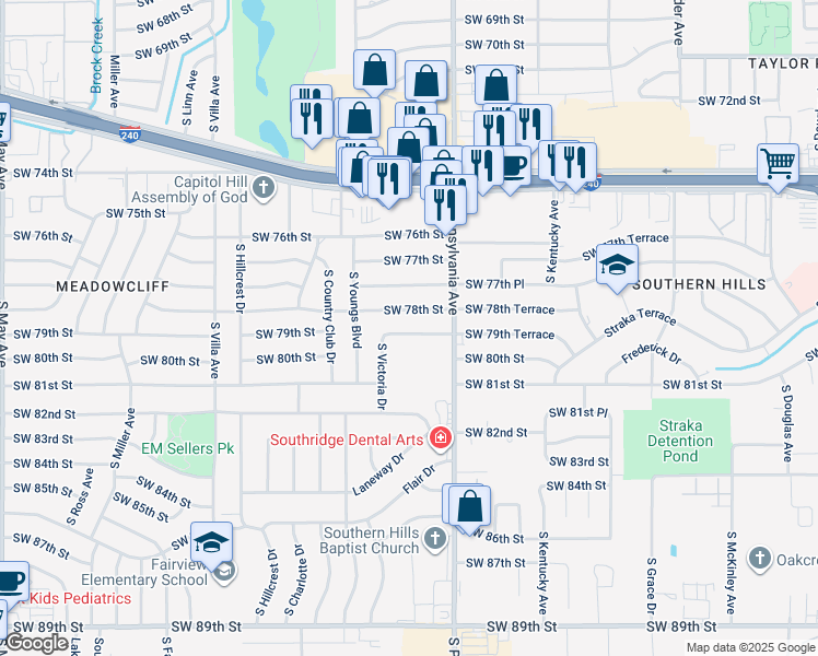 map of restaurants, bars, coffee shops, grocery stores, and more near 2129 Southwest 79th Street in Oklahoma City