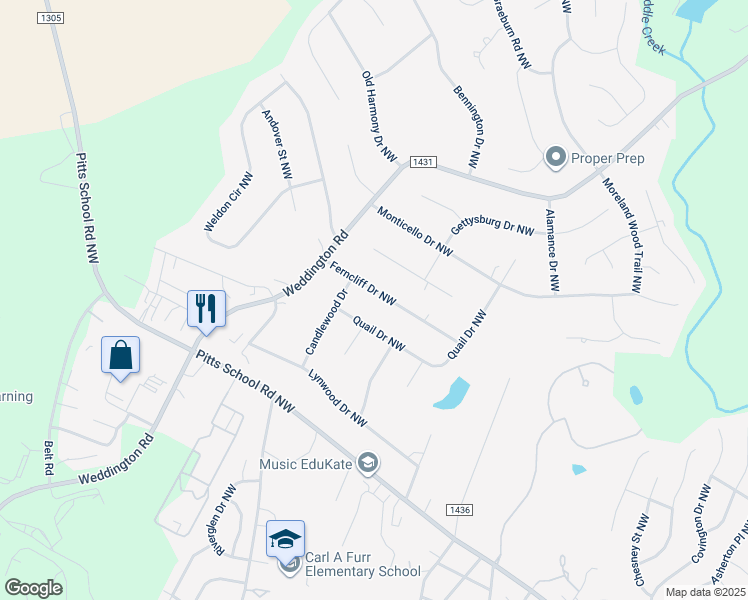 map of restaurants, bars, coffee shops, grocery stores, and more near 6215 Ferncliff Drive Northwest in Concord