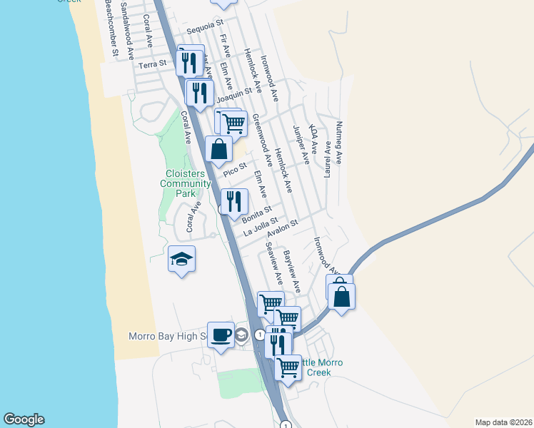 map of restaurants, bars, coffee shops, grocery stores, and more near 499 La Jolla Street in Morro Bay