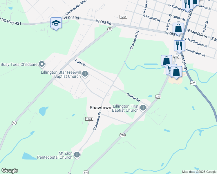 map of restaurants, bars, coffee shops, grocery stores, and more near 546 Shawtown Road in Lillington