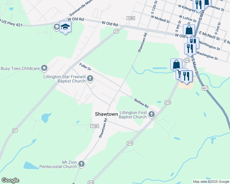 map of restaurants, bars, coffee shops, grocery stores, and more near 546 Shawtown Road in Lillington