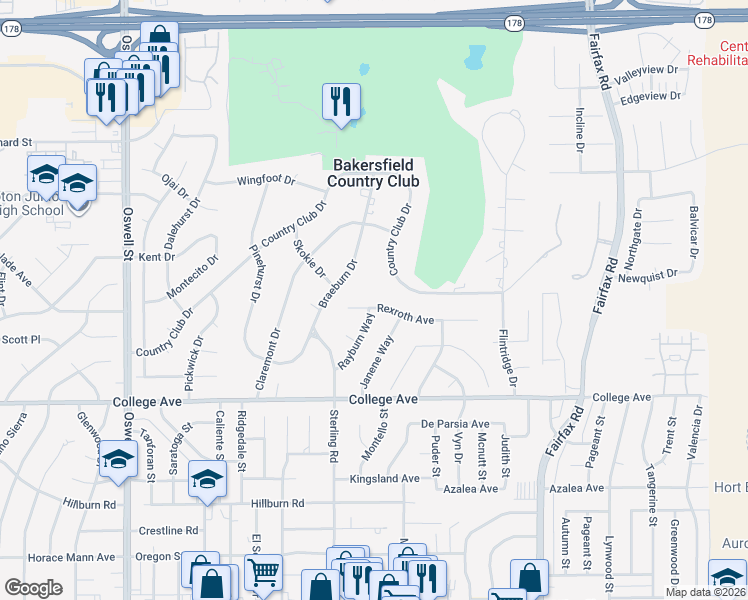 map of restaurants, bars, coffee shops, grocery stores, and more near in Bakersfield