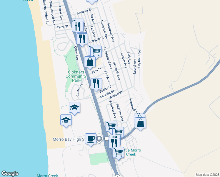 map of restaurants, bars, coffee shops, grocery stores, and more near 499 La Jolla Street in Morro Bay