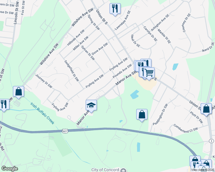 map of restaurants, bars, coffee shops, grocery stores, and more near 167 Pounds Avenue Southwest in Concord
