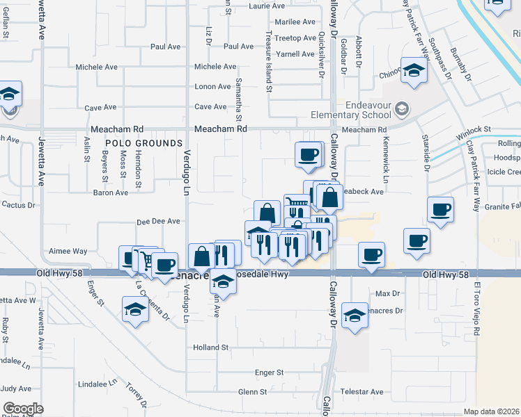 map of restaurants, bars, coffee shops, grocery stores, and more near 2925 Mosasco Street in Bakersfield