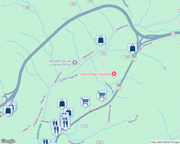map of restaurants, bars, coffee shops, grocery stores, and more near 67 Reed Road in Sylva