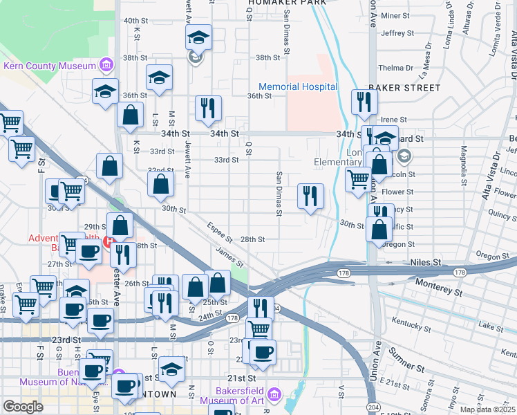map of restaurants, bars, coffee shops, grocery stores, and more near 710 30th Street in Bakersfield