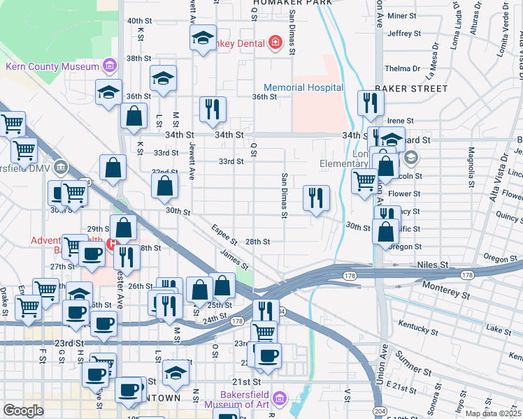 map of restaurants, bars, coffee shops, grocery stores, and more near 714 30th Street in Bakersfield