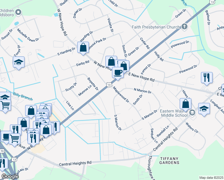 map of restaurants, bars, coffee shops, grocery stores, and more near 1800 North Berkeley Boulevard in Goldsboro