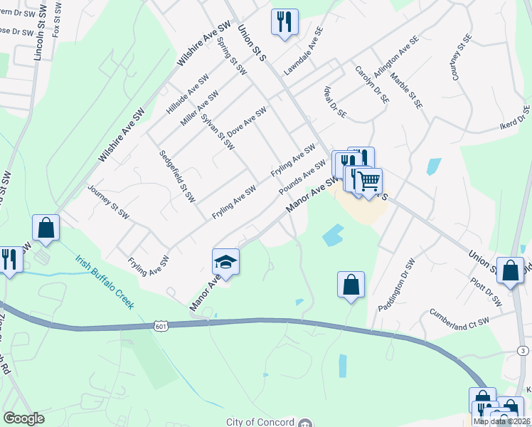 map of restaurants, bars, coffee shops, grocery stores, and more near 167 Pounds Avenue Southwest in Concord