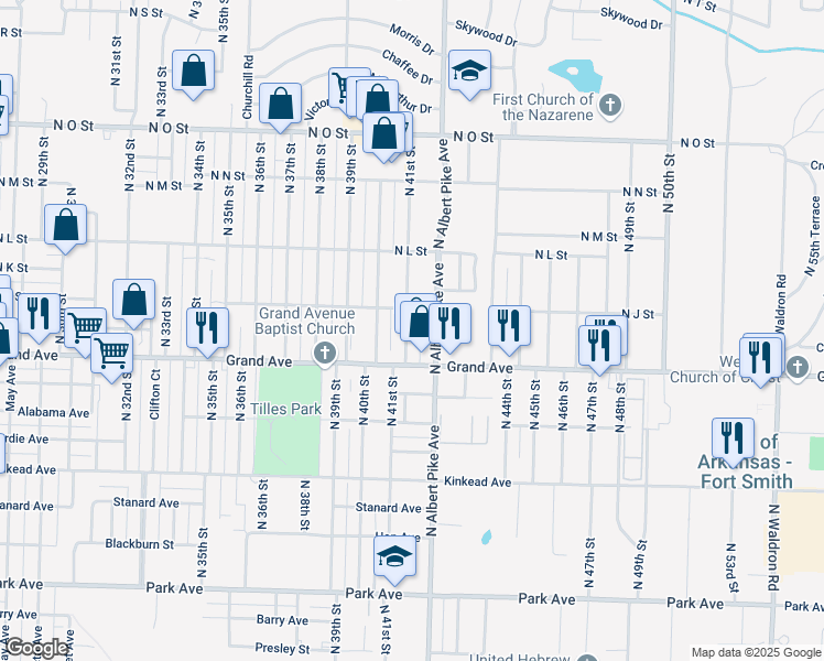 map of restaurants, bars, coffee shops, grocery stores, and more near 1104 North 41st Street in Fort Smith