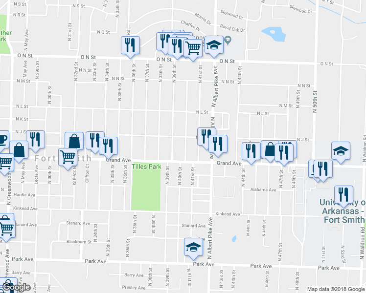 map of restaurants, bars, coffee shops, grocery stores, and more near 1105 North 40th Street in Fort Smith