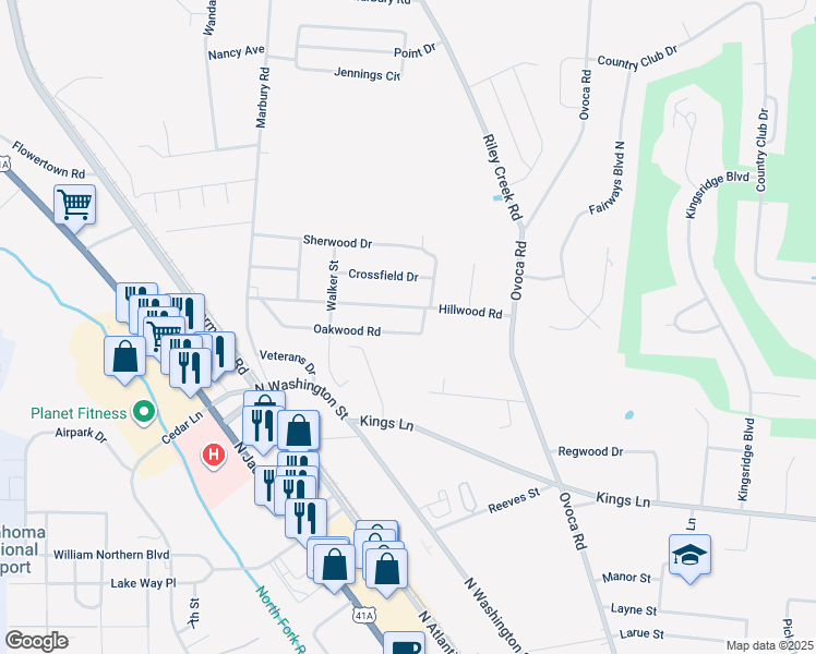 map of restaurants, bars, coffee shops, grocery stores, and more near 431 Oakwood Road in Tullahoma
