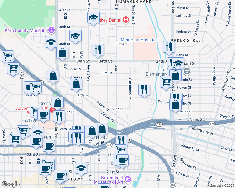 map of restaurants, bars, coffee shops, grocery stores, and more near 719 30th Street in Bakersfield