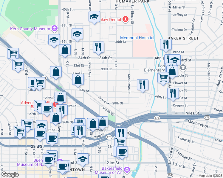 map of restaurants, bars, coffee shops, grocery stores, and more near 826 30th Street in Bakersfield