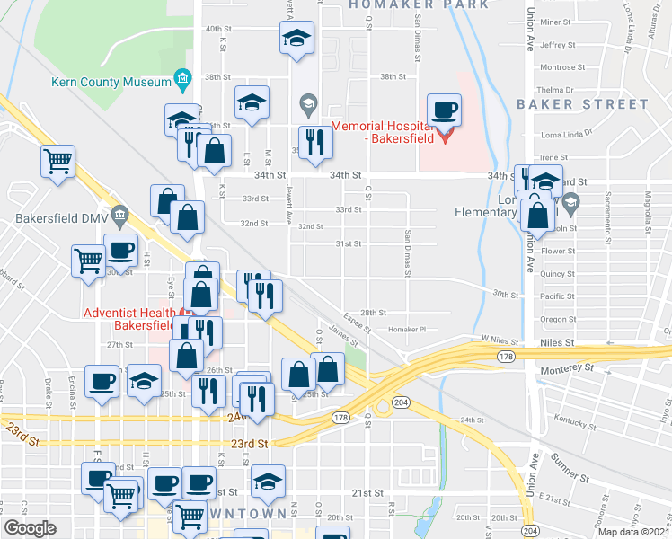 map of restaurants, bars, coffee shops, grocery stores, and more near 826 30th Street in Bakersfield