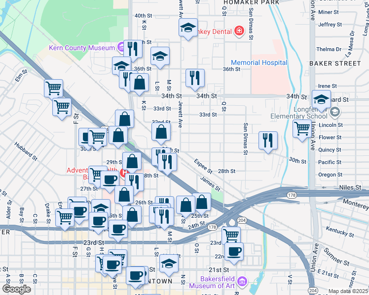 map of restaurants, bars, coffee shops, grocery stores, and more near 1025 30th Street in Bakersfield