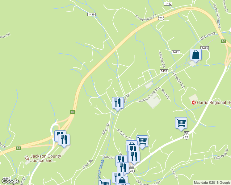 map of restaurants, bars, coffee shops, grocery stores, and more near 8 Smith Street in Sylva