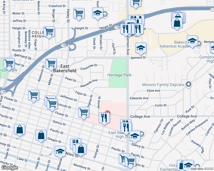 map of restaurants, bars, coffee shops, grocery stores, and more near 1916 Ridge Road in Bakersfield