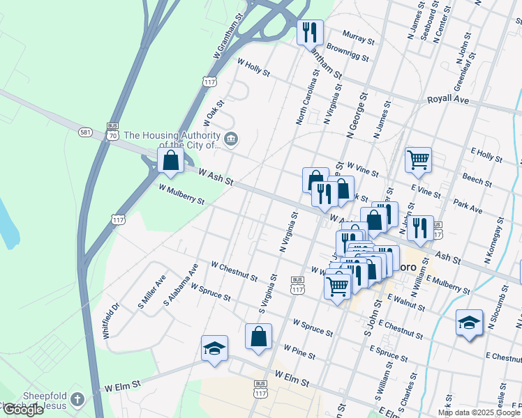 map of restaurants, bars, coffee shops, grocery stores, and more near 207 North Carolina Street in Goldsboro
