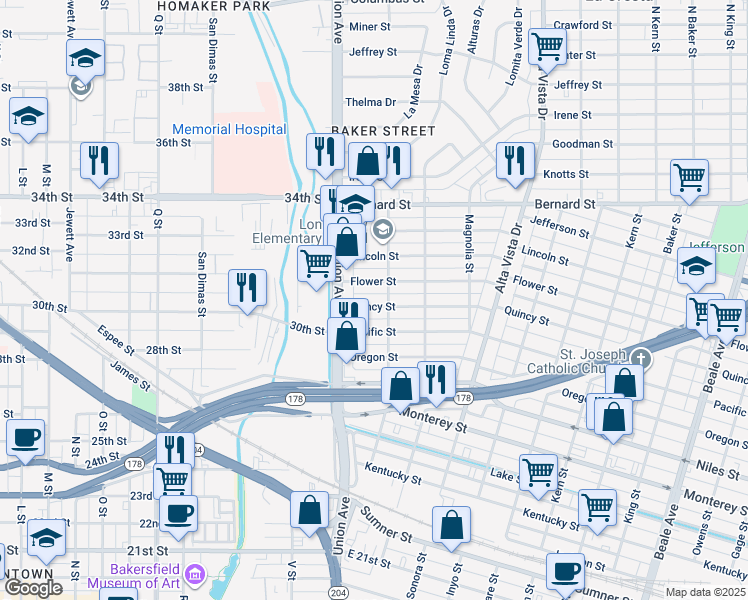 map of restaurants, bars, coffee shops, grocery stores, and more near 24 Quincy Street in Bakersfield