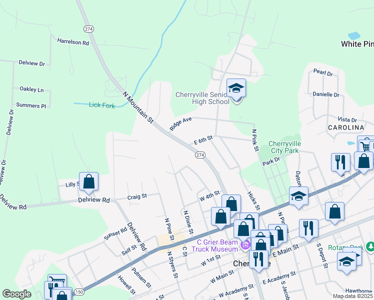 map of restaurants, bars, coffee shops, grocery stores, and more near 619 North Mountain Street in Cherryville