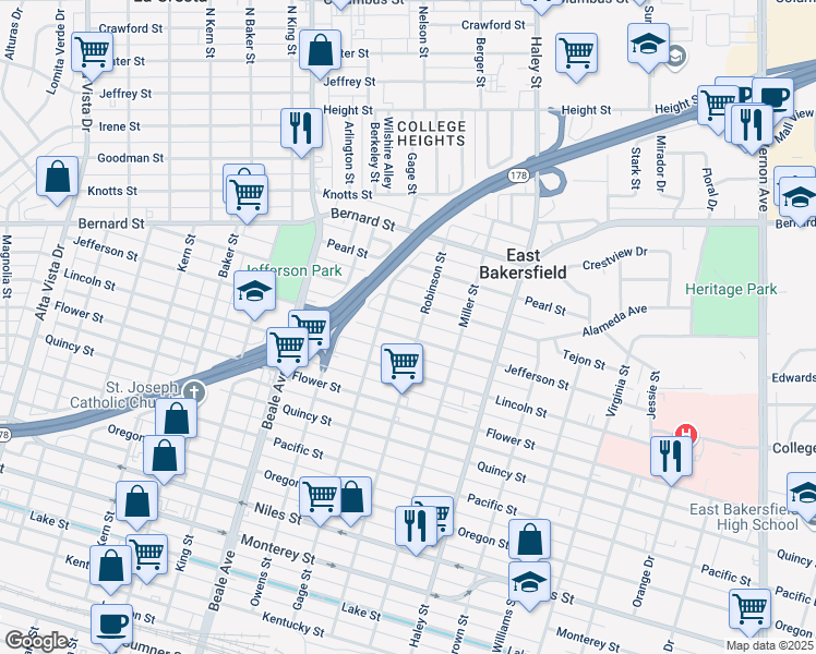 map of restaurants, bars, coffee shops, grocery stores, and more near 1131 Jefferson Street in Bakersfield