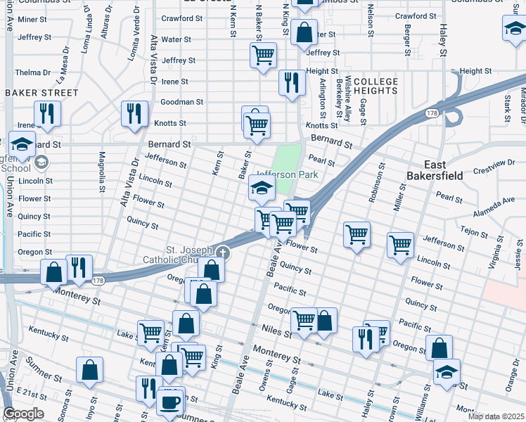 map of restaurants, bars, coffee shops, grocery stores, and more near 1715 King Street in Bakersfield