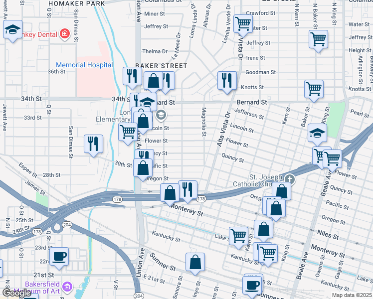 map of restaurants, bars, coffee shops, grocery stores, and more near 221 Quincy Street in Bakersfield