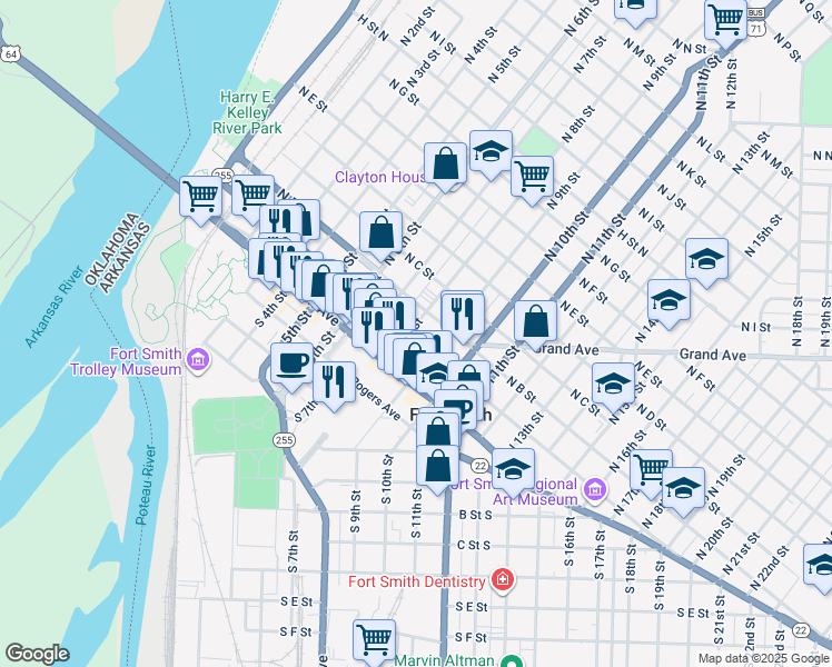 map of restaurants, bars, coffee shops, grocery stores, and more near 814 North A Street in Fort Smith