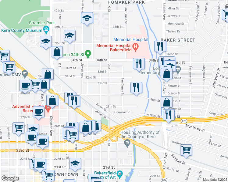 map of restaurants, bars, coffee shops, grocery stores, and more near 708 30th Street in Bakersfield