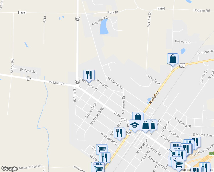 map of restaurants, bars, coffee shops, grocery stores, and more near 304 North Lincoln Street in Benson