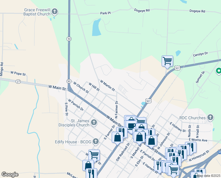 map of restaurants, bars, coffee shops, grocery stores, and more near 307 West Martin Street in Benson