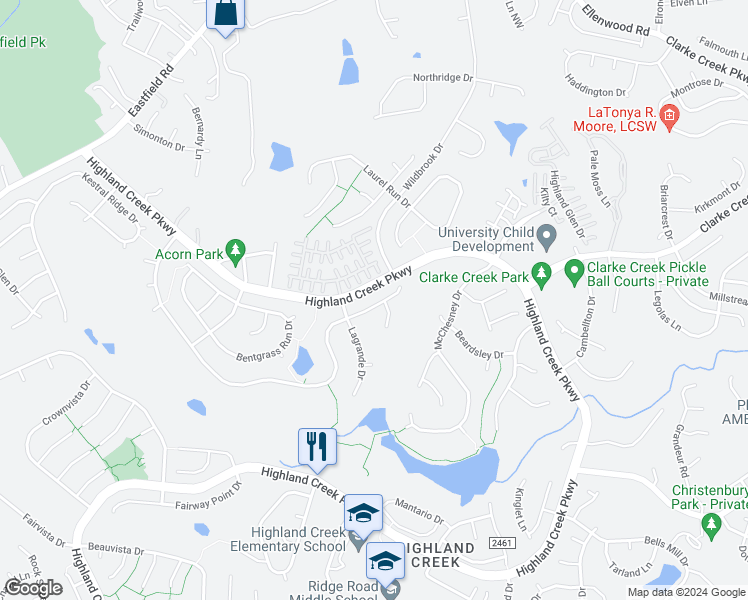 map of restaurants, bars, coffee shops, grocery stores, and more near 5278 Cambridge Bay Drive in Charlotte
