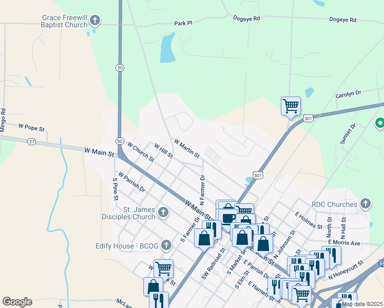 map of restaurants, bars, coffee shops, grocery stores, and more near 307 West Martin Street in Benson