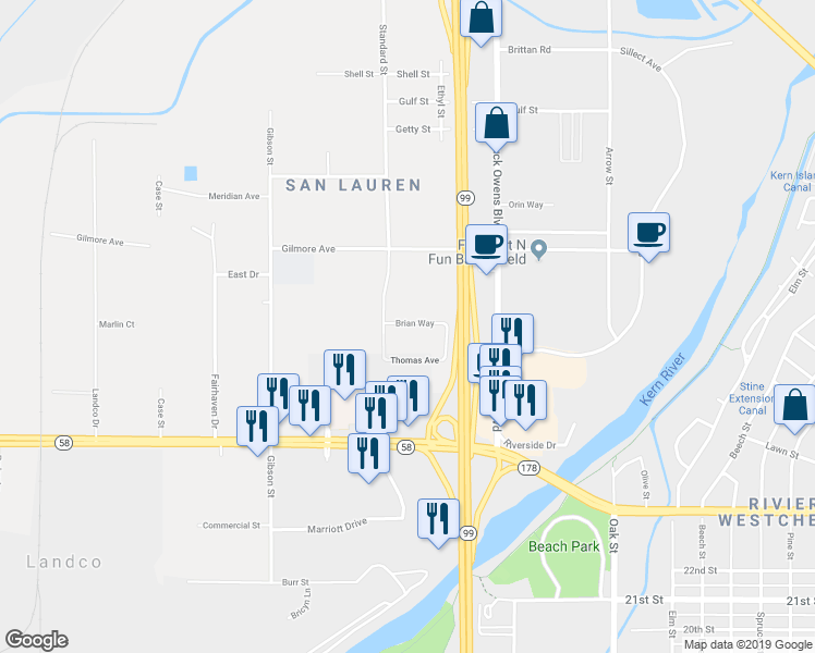 map of restaurants, bars, coffee shops, grocery stores, and more near 3531 Brian Way in Bakersfield