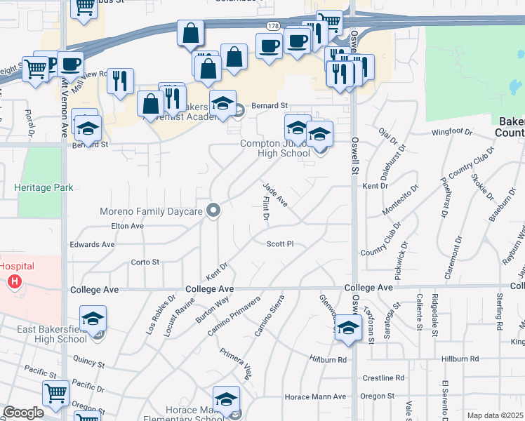 map of restaurants, bars, coffee shops, grocery stores, and more near 3019 Rincon Place in Bakersfield