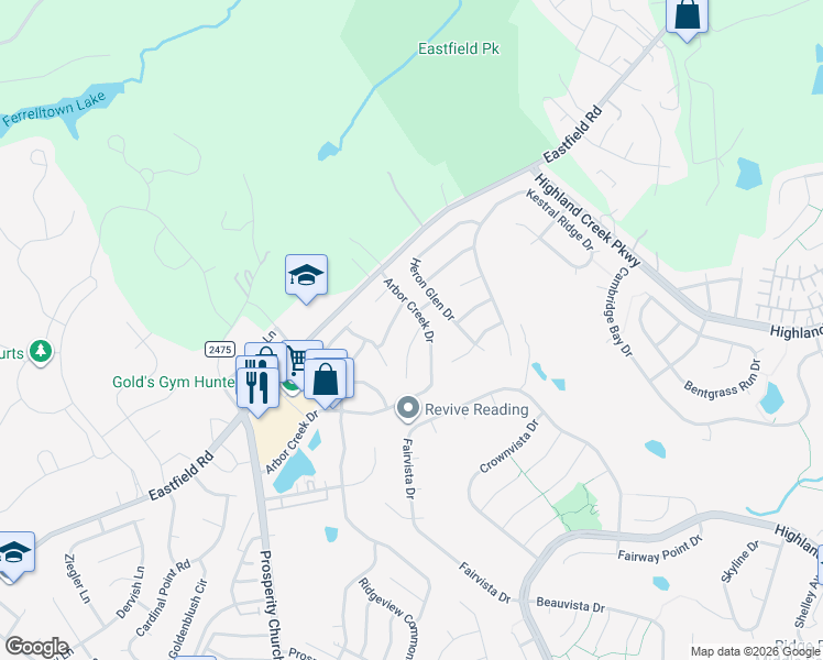 map of restaurants, bars, coffee shops, grocery stores, and more near 9201 Arbor Creek Drive in Charlotte