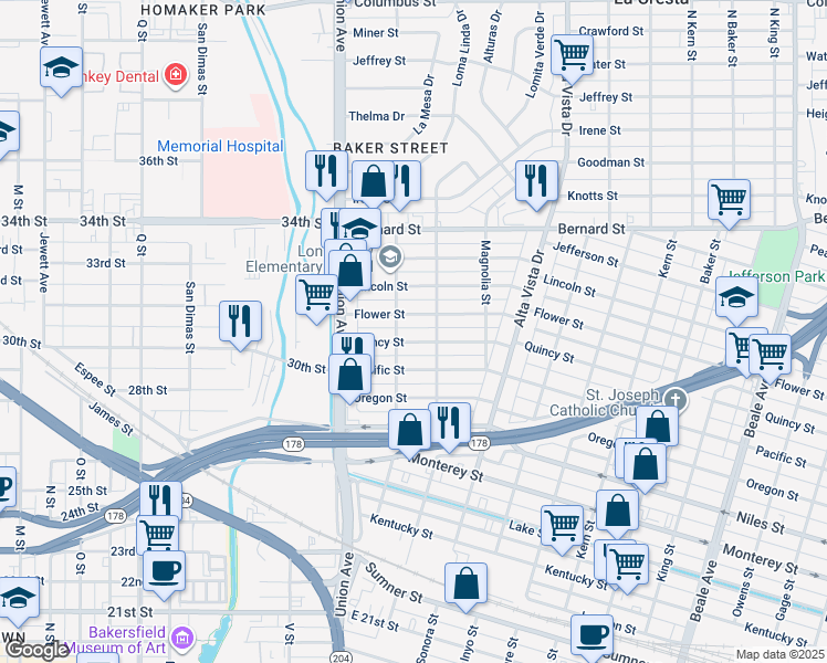 map of restaurants, bars, coffee shops, grocery stores, and more near 127 Quincy Street in Bakersfield
