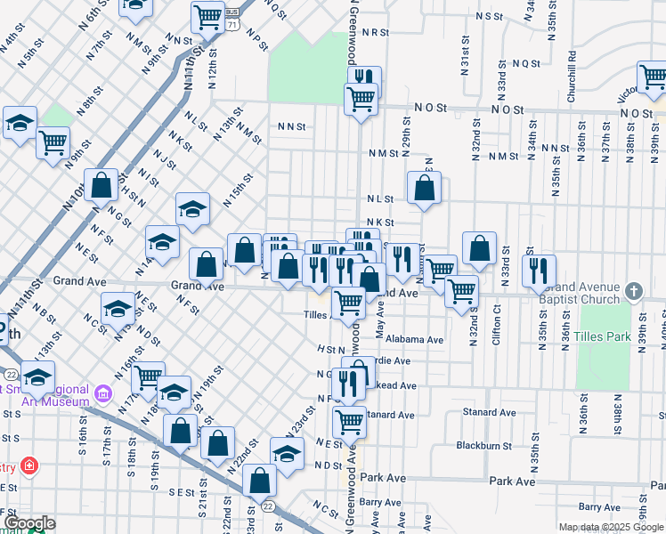 map of restaurants, bars, coffee shops, grocery stores, and more near 2201 Grand Avenue in Fort Smith
