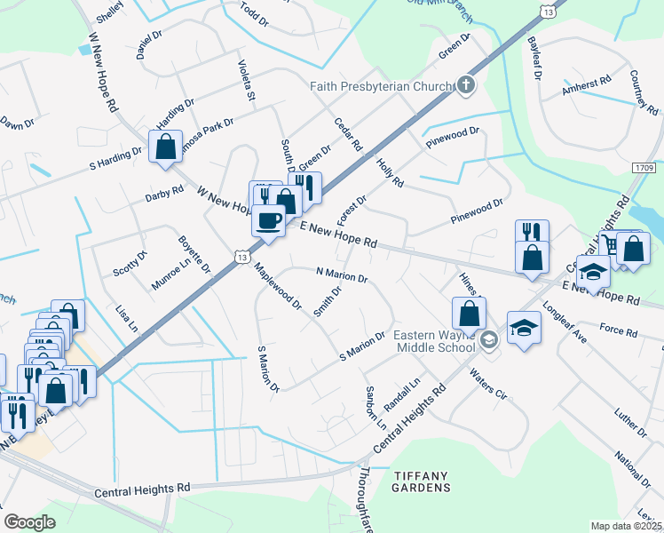 map of restaurants, bars, coffee shops, grocery stores, and more near 152 North Marion Drive in Goldsboro