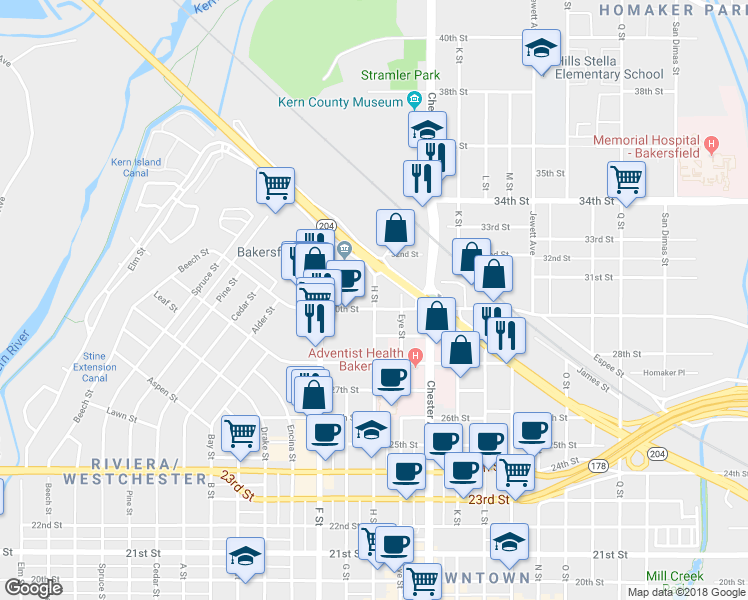 map of restaurants, bars, coffee shops, grocery stores, and more near 3139 H Street in Bakersfield