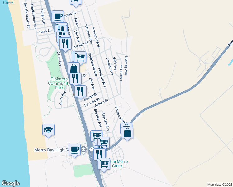 map of restaurants, bars, coffee shops, grocery stores, and more near 2235 Juniper Avenue in Morro Bay
