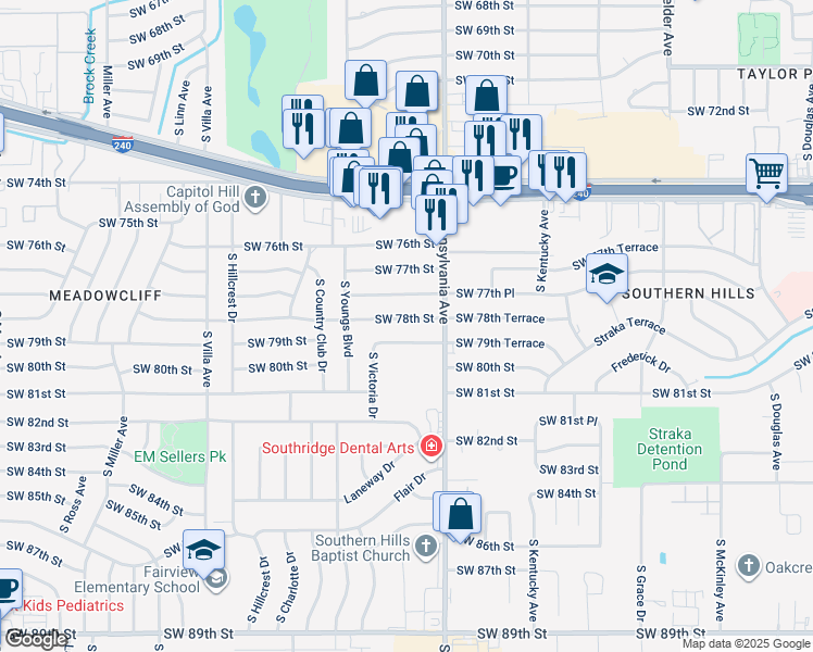 map of restaurants, bars, coffee shops, grocery stores, and more near 2129 Southwest 79th Street in Oklahoma City