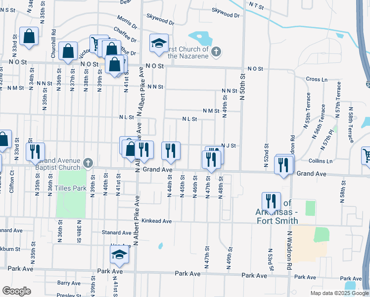 map of restaurants, bars, coffee shops, grocery stores, and more near 1103 North 46th Street in Fort Smith